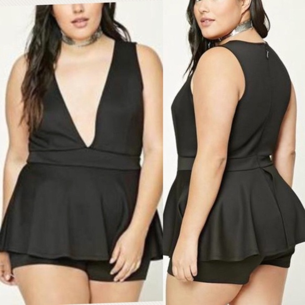 Forever 21+ Black Deep V Peplum Romper